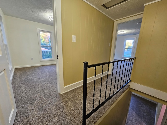 corridor featuring a textured ceiling, a healthy amount of sunlight, and dark colored carpet