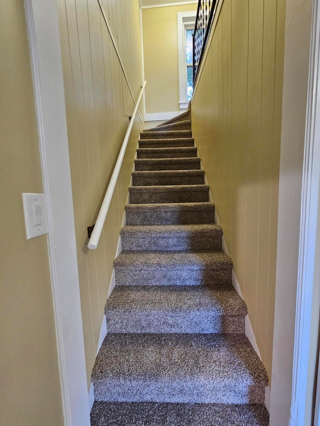 staircase with carpet floors and wood walls