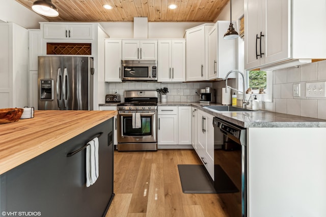 kitchen featuring pendant lighting, white cabinets, wood ceiling, and stainless steel appliances