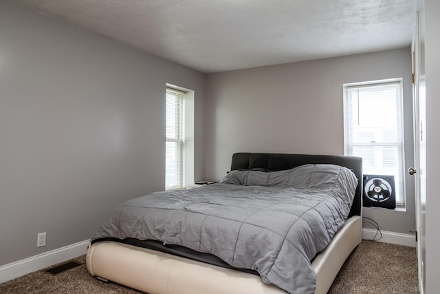 bedroom with a textured ceiling and carpet flooring