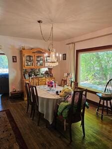 dining room featuring a healthy amount of sunlight, a chandelier, and dark hardwood / wood-style flooring