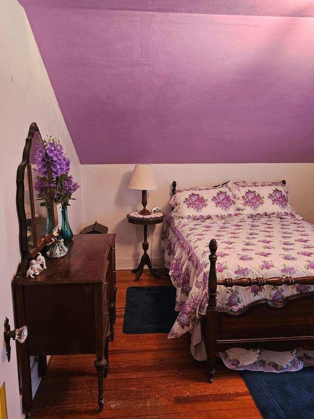 bedroom with lofted ceiling and wood-type flooring