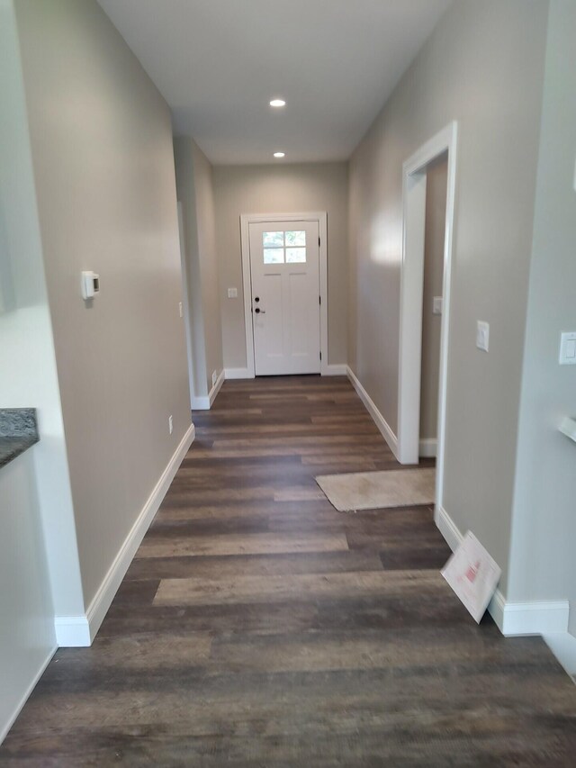 doorway to outside featuring dark wood-type flooring