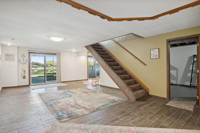 basement with wood-type flooring and a drop ceiling