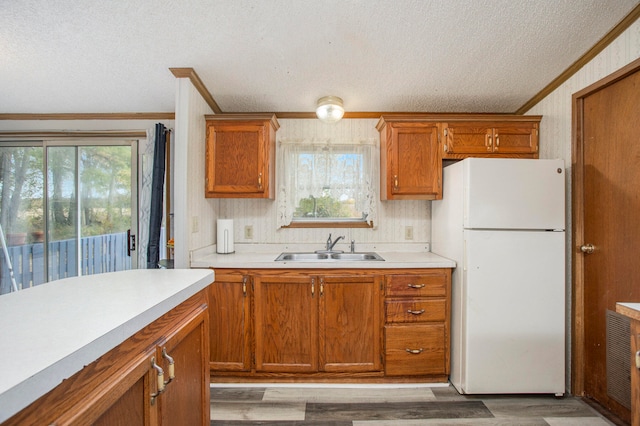 kitchen with sink, a textured ceiling, light hardwood / wood-style floors, white fridge, and crown molding