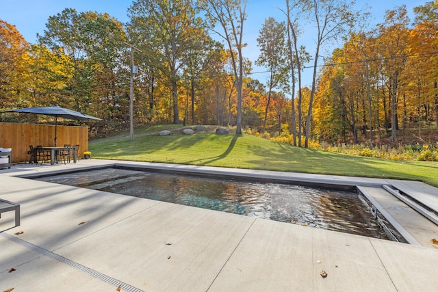 view of swimming pool with a yard and a patio area