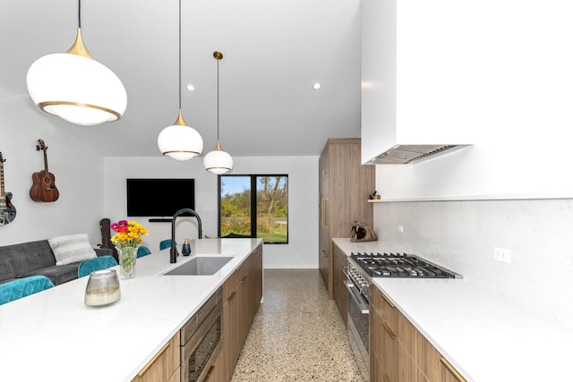 kitchen featuring sink, appliances with stainless steel finishes, custom range hood, and decorative light fixtures