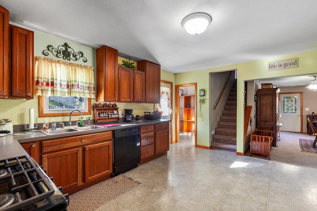 kitchen with black dishwasher, sink, stainless steel gas stove, a textured ceiling, and ceiling fan