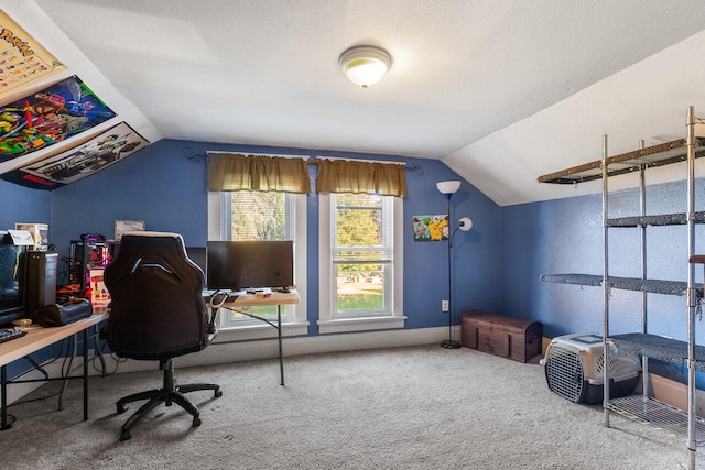 carpeted office with a textured ceiling and lofted ceiling