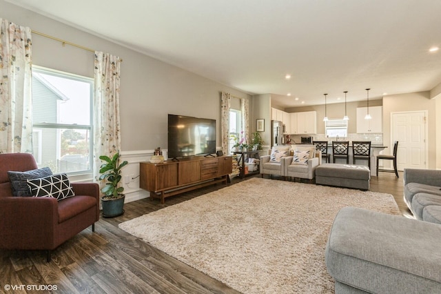 living room featuring dark wood-type flooring