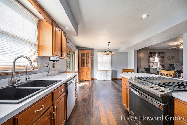 kitchen featuring a healthy amount of sunlight, stainless steel appliances, and dark hardwood / wood-style flooring