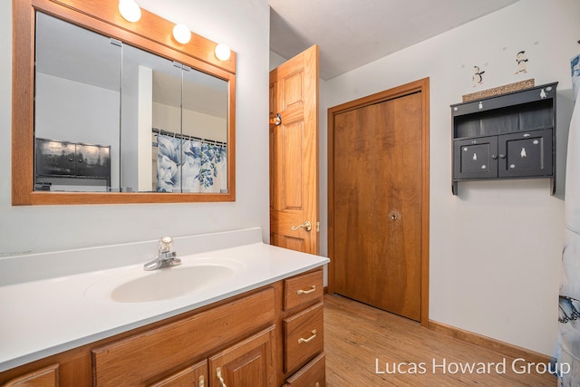 bathroom with vanity and wood-type flooring