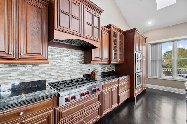 kitchen featuring dark hardwood / wood-style floors, lofted ceiling with skylight, custom exhaust hood, appliances with stainless steel finishes, and tasteful backsplash