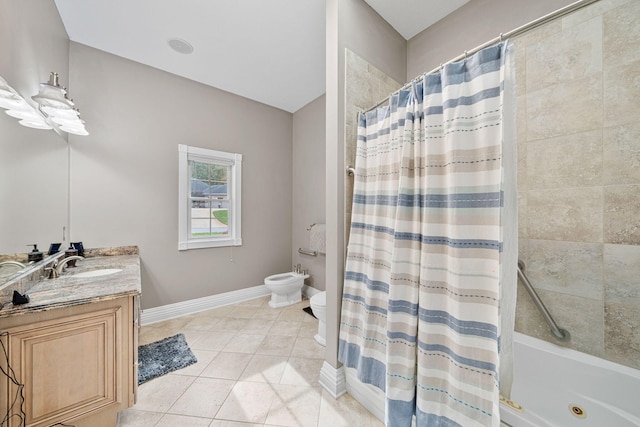 full bathroom with shower / tub combo, toilet, tile patterned floors, vanity, and a bidet