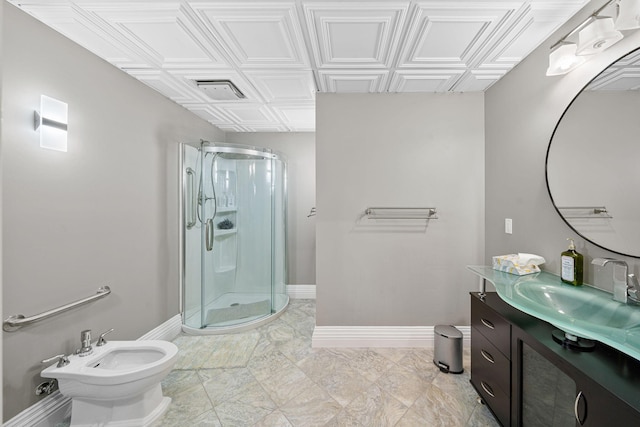 bathroom featuring vanity, walk in shower, and a bidet