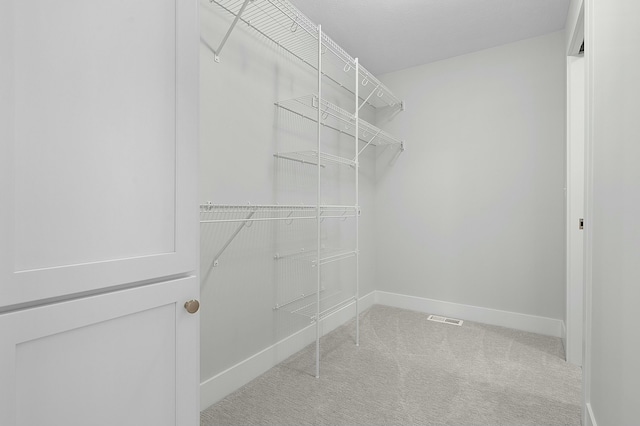 spacious closet featuring light colored carpet