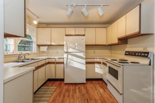 kitchen with rail lighting, sink, light wood-type flooring, and white appliances