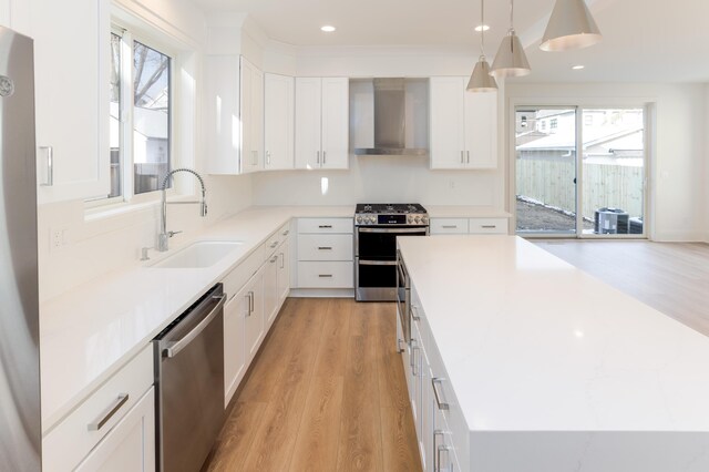 kitchen featuring white cabinetry, sink, wall chimney exhaust hood, and stainless steel appliances