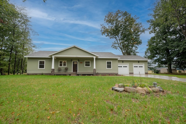 ranch-style house with a front yard, a garage, and covered porch