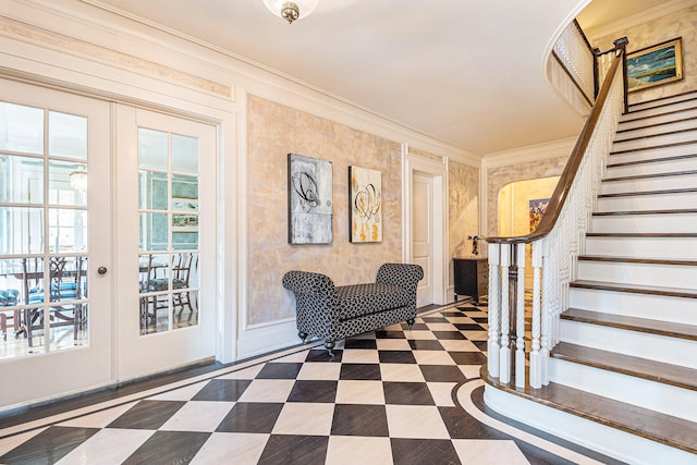 interior space featuring ornamental molding and french doors