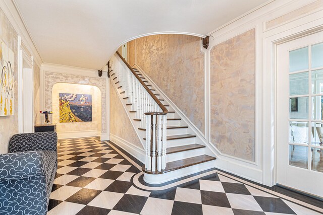 stairs with crown molding