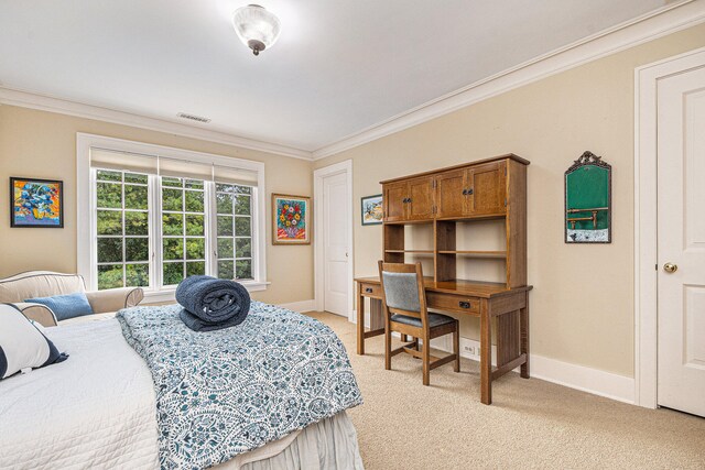 carpeted bedroom featuring crown molding