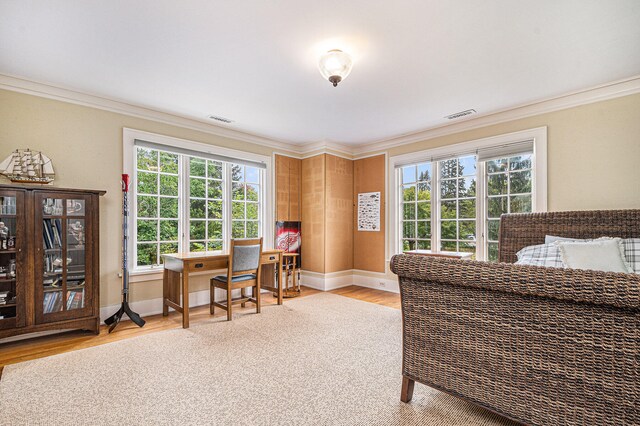 bedroom with ornamental molding and light hardwood / wood-style flooring