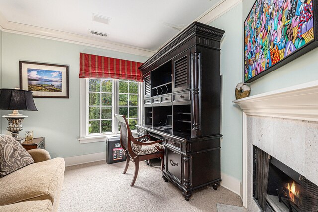 office space featuring ornamental molding and carpet floors