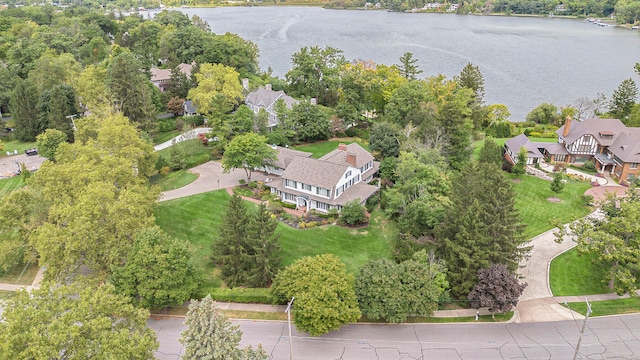 drone / aerial view with a water view