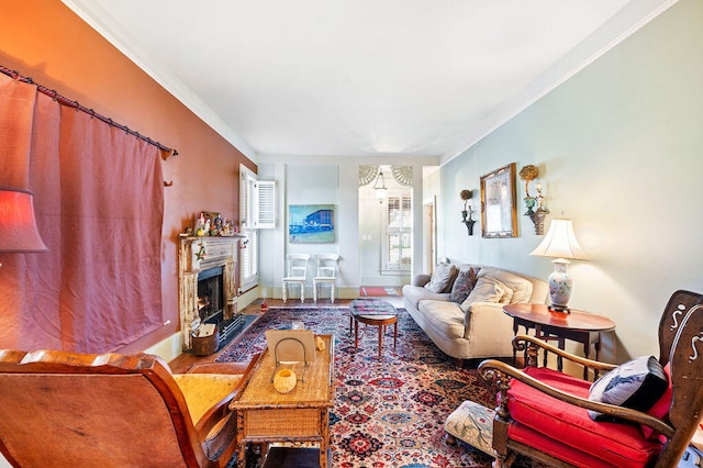 living room featuring crown molding and hardwood / wood-style floors