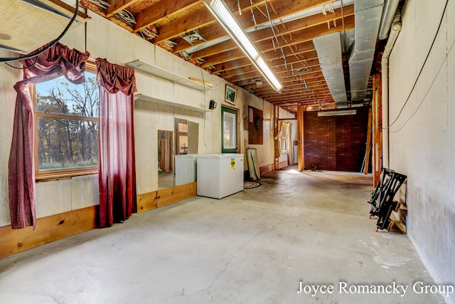 basement with white refrigerator