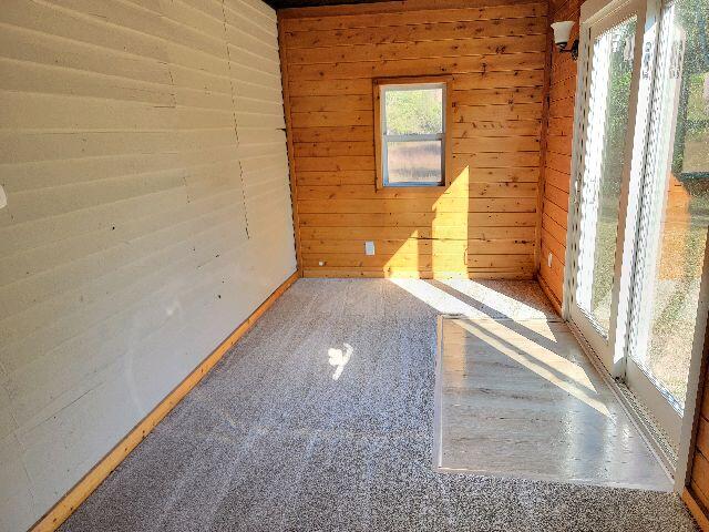 carpeted empty room with wood walls