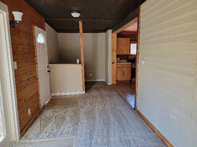 interior space featuring hardwood / wood-style floors and wooden walls