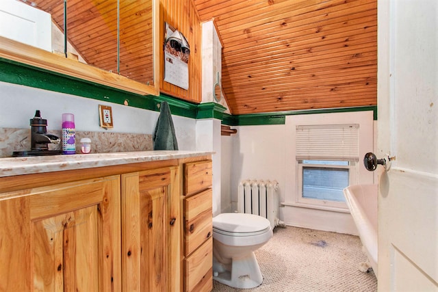 bathroom featuring radiator heating unit, vanity, toilet, lofted ceiling, and wooden ceiling