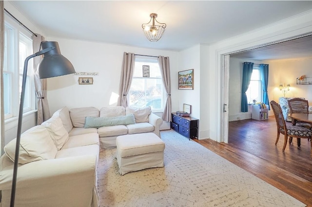 living room with a wealth of natural light and dark hardwood / wood-style flooring