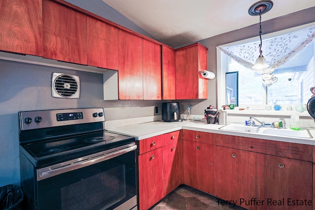 kitchen with stainless steel electric range, sink, hanging light fixtures, and vaulted ceiling