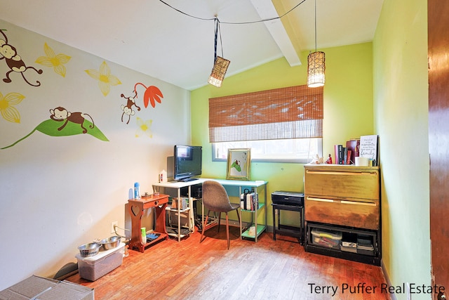 office area featuring vaulted ceiling with beams and hardwood / wood-style floors