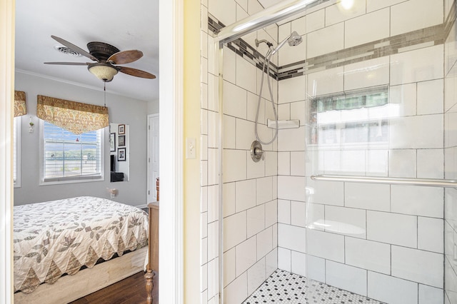 bathroom with vanity, ceiling fan, walk in shower, and wood-type flooring