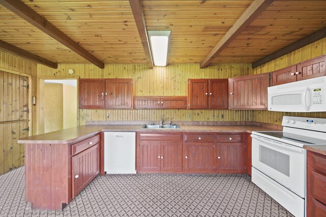 kitchen with wood ceiling, beam ceiling, wooden walls, sink, and white appliances