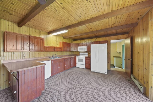 kitchen featuring white appliances, wood walls, a baseboard heating unit, sink, and beamed ceiling