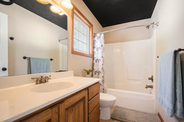 full bathroom featuring lofted ceiling, toilet, tile patterned flooring, shower / tub combo with curtain, and vanity