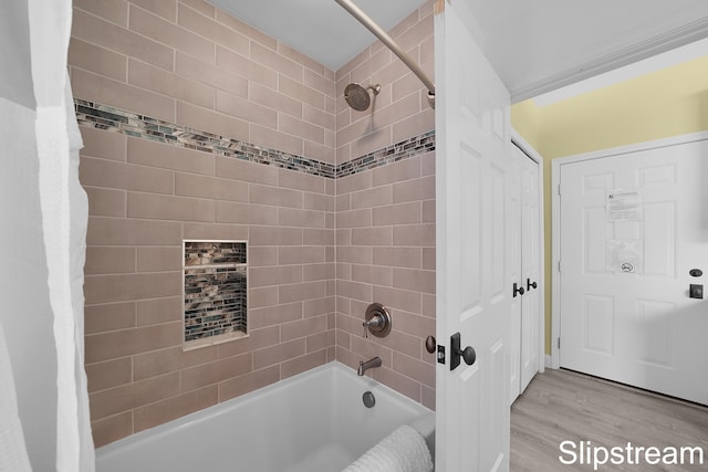 bathroom featuring shower / bath combination with curtain and wood-type flooring