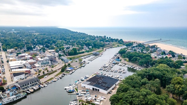 drone / aerial view with a water view