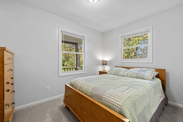 carpeted bedroom featuring a textured ceiling and multiple windows