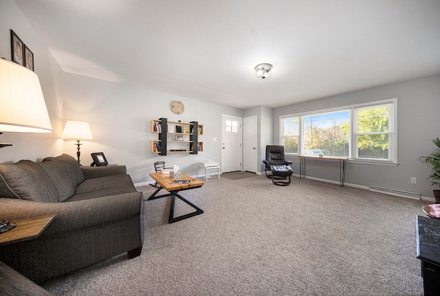 living room featuring baseboard heating and carpet