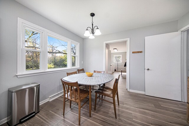 dining room with dark wood-type flooring and a chandelier