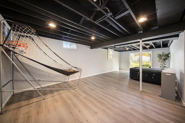 basement with hardwood / wood-style floors