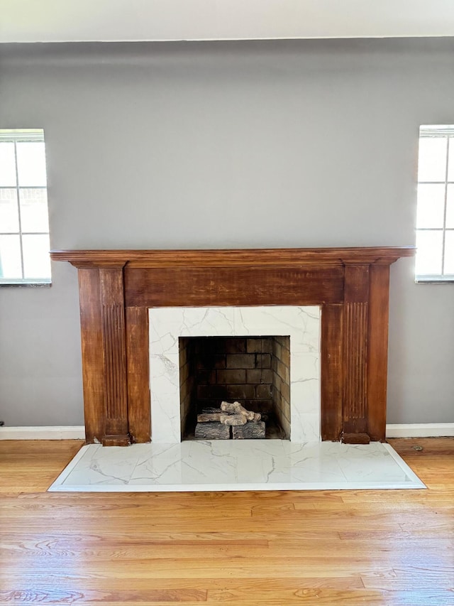 room details featuring a high end fireplace and hardwood / wood-style flooring