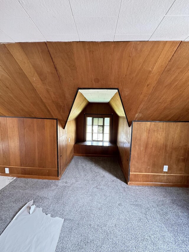 bonus room with wooden walls and light carpet