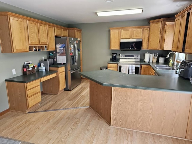 kitchen with kitchen peninsula, appliances with stainless steel finishes, sink, and light wood-type flooring